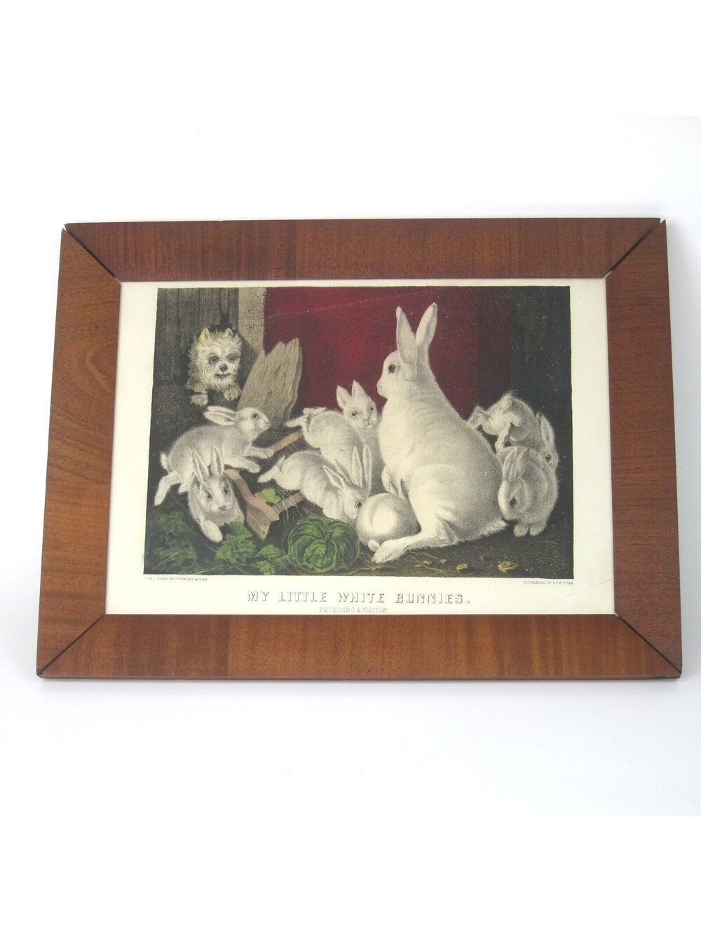 Currier & Ives Hand Colored Lithograph My Little White Bunnies Visitor Framed